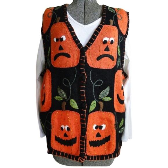 Vtg Bobbie Brooks Halloween Fall Women Sz L Black Pumpkin Sweater Knit Vest Boo - Picture 1 of 16